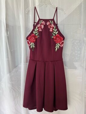 B Darlin Burgundy Floral Embroidered Halter Mini Dress